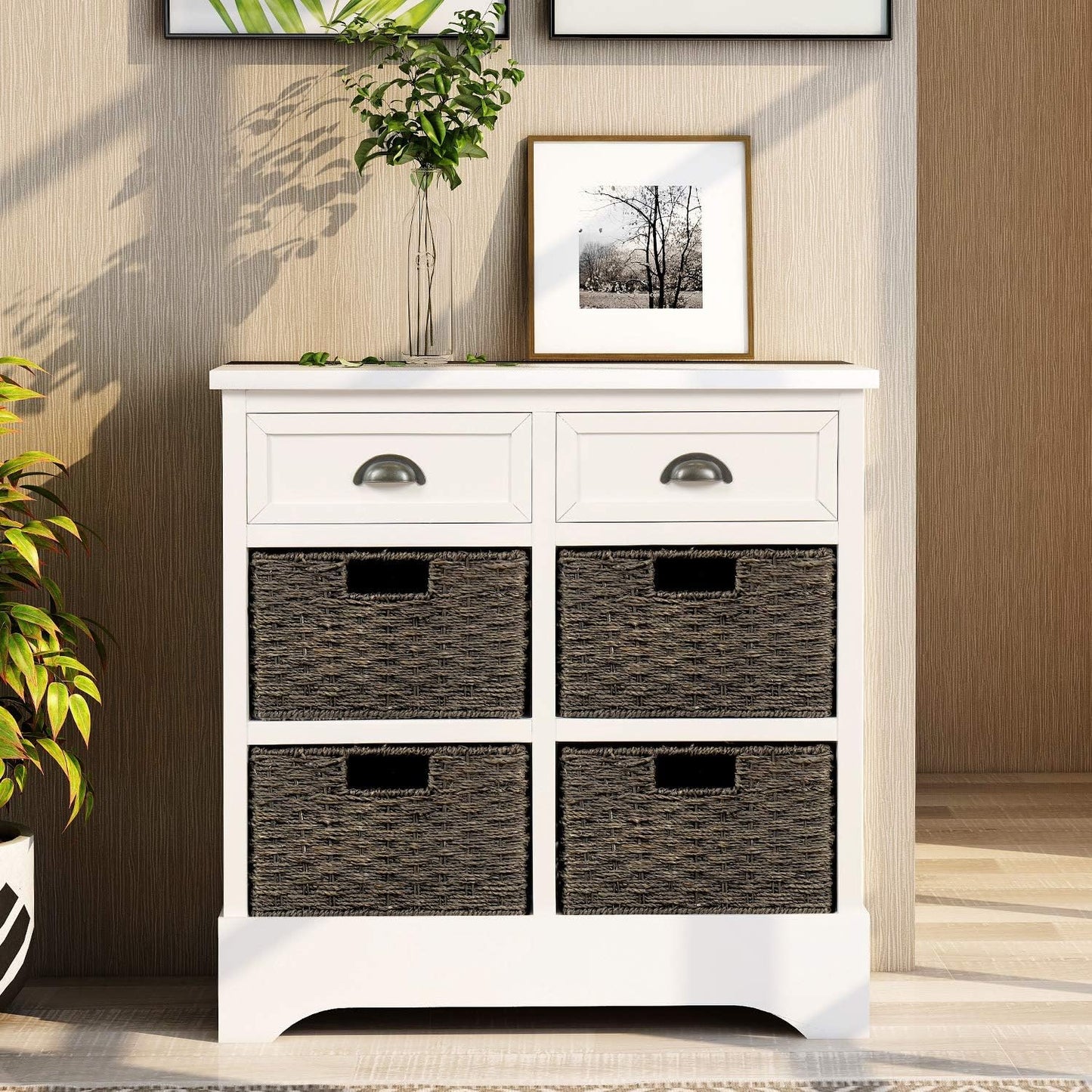 White Retro Farmhouse Storage Cabinet with Drawers & Wicker Baskets