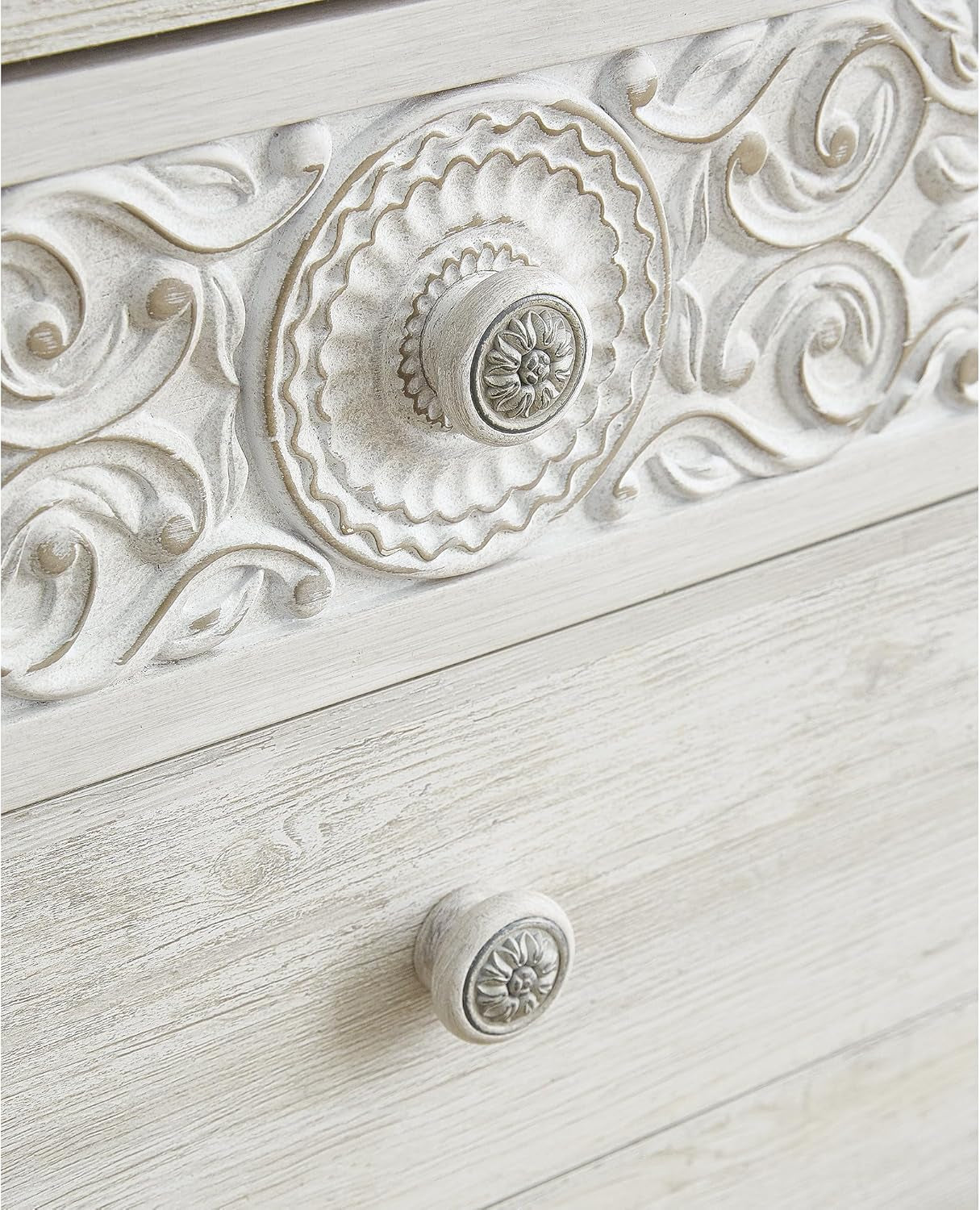Boho 6-Drawer Dresser – Whitewashed Bedroom Storage with Carved Medallion Design