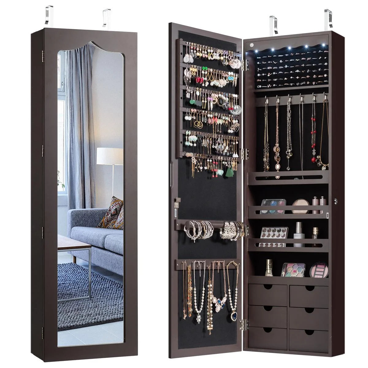 Lockable Wall-Mounted Jewelry Armoire with Full-Length Mirror, LED Lights, and Drawers