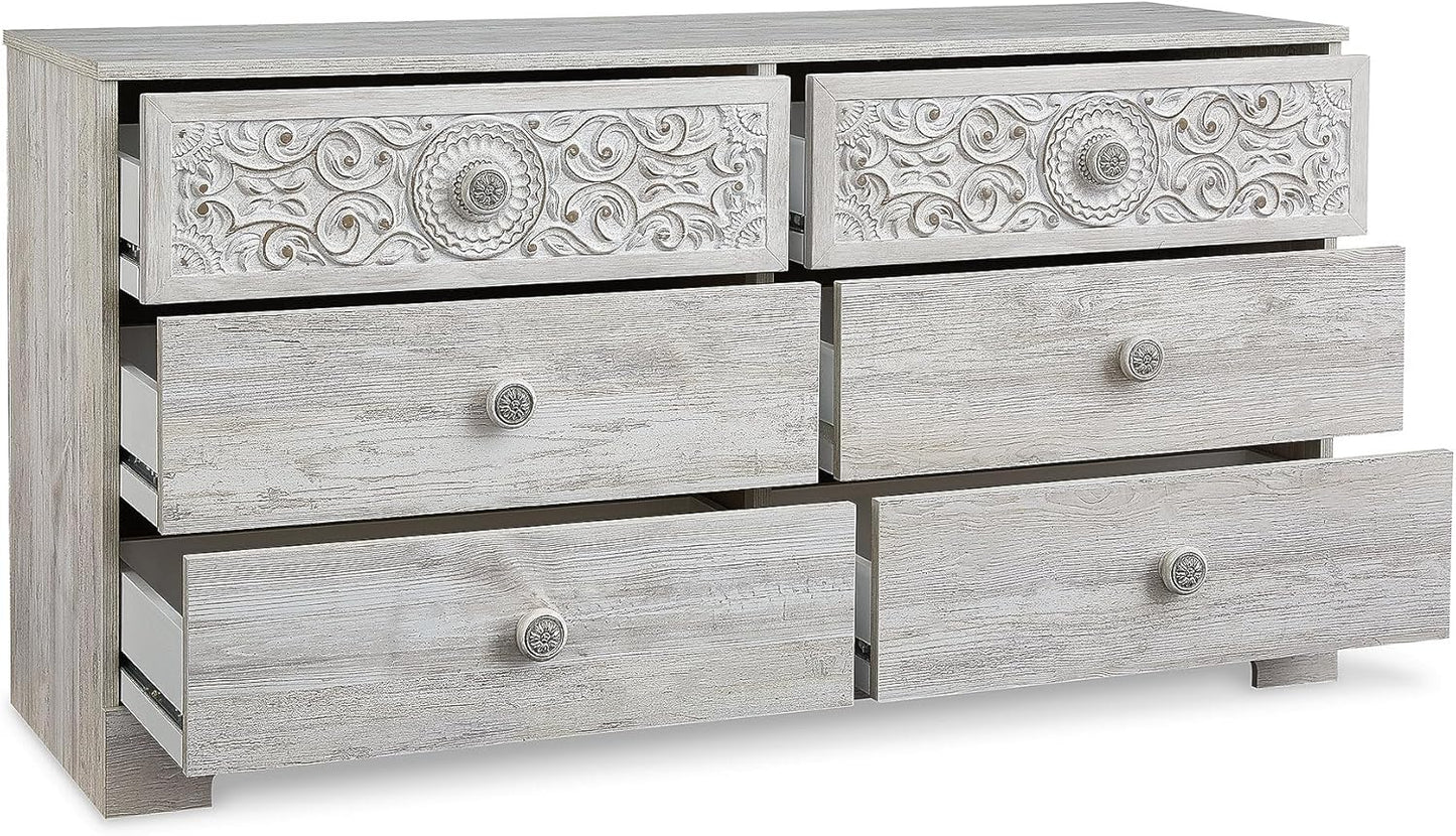 Boho 6-Drawer Dresser – Whitewashed Bedroom Storage with Carved Medallion Design