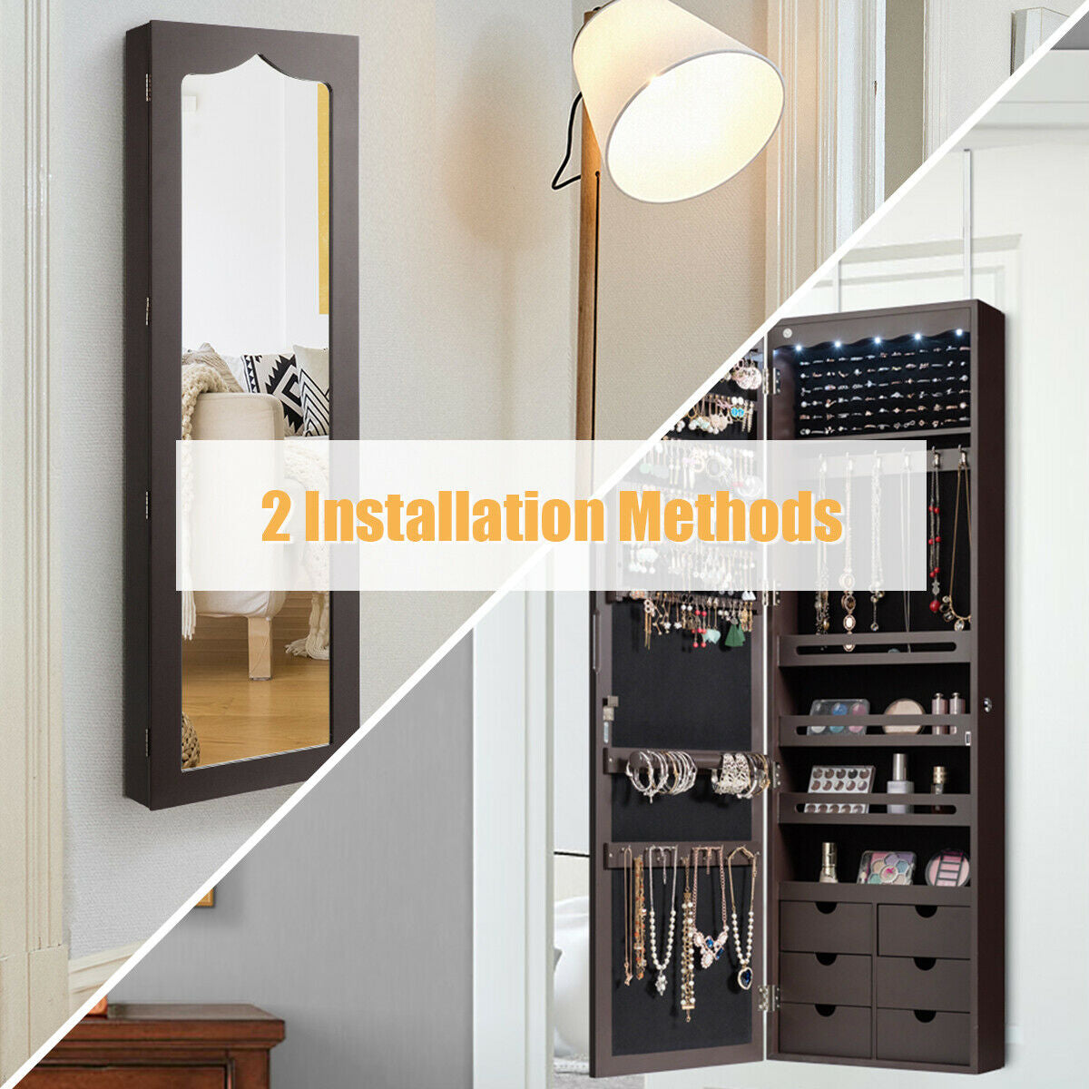 Lockable Wall-Mounted Jewelry Armoire with Full-Length Mirror, LED Lights, and Drawers