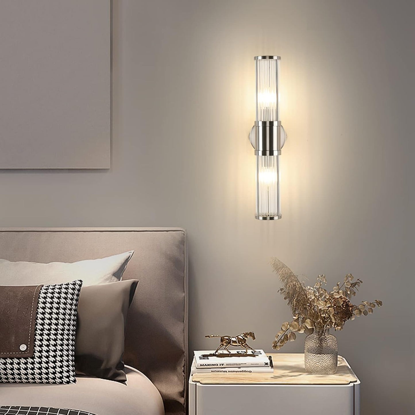 Brushed Nickel 2-Light Bathroom Vanity Wall Sconce with Glass Rod Shades