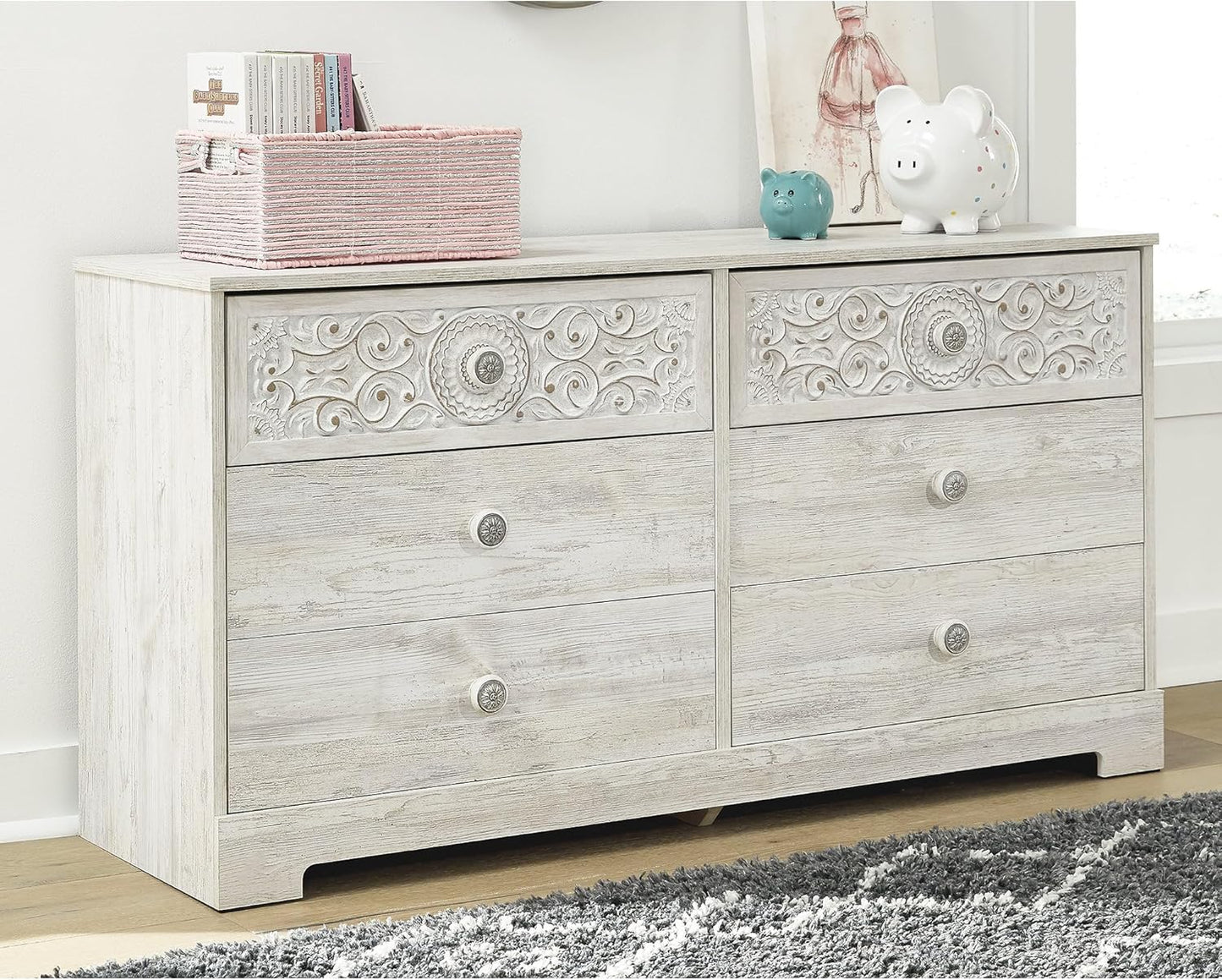 Boho 6-Drawer Dresser – Whitewashed Bedroom Storage with Carved Medallion Design