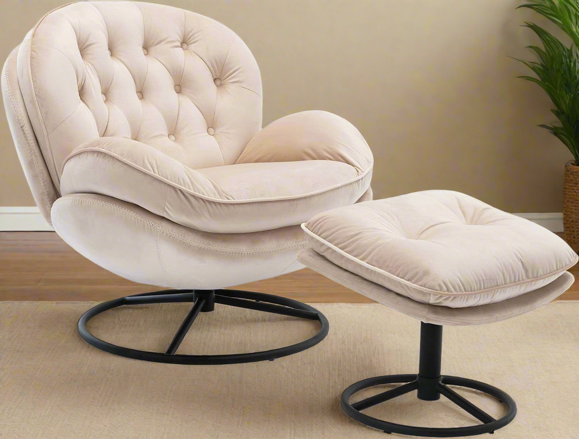 Velvet-Swivel-Chaise-Lounge-with-Ottoman-Beige-in-living-room-with-dark-hardwood-flooring-