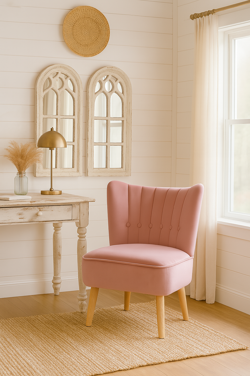 Beautful-Blush-Pink-Tufted-Armless-accent-chair-with-wooden-legs