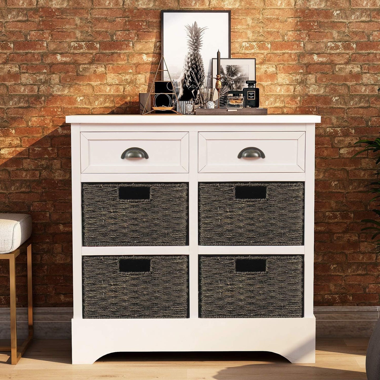 White Retro Farmhouse Storage Cabinet with Drawers & Wicker Baskets