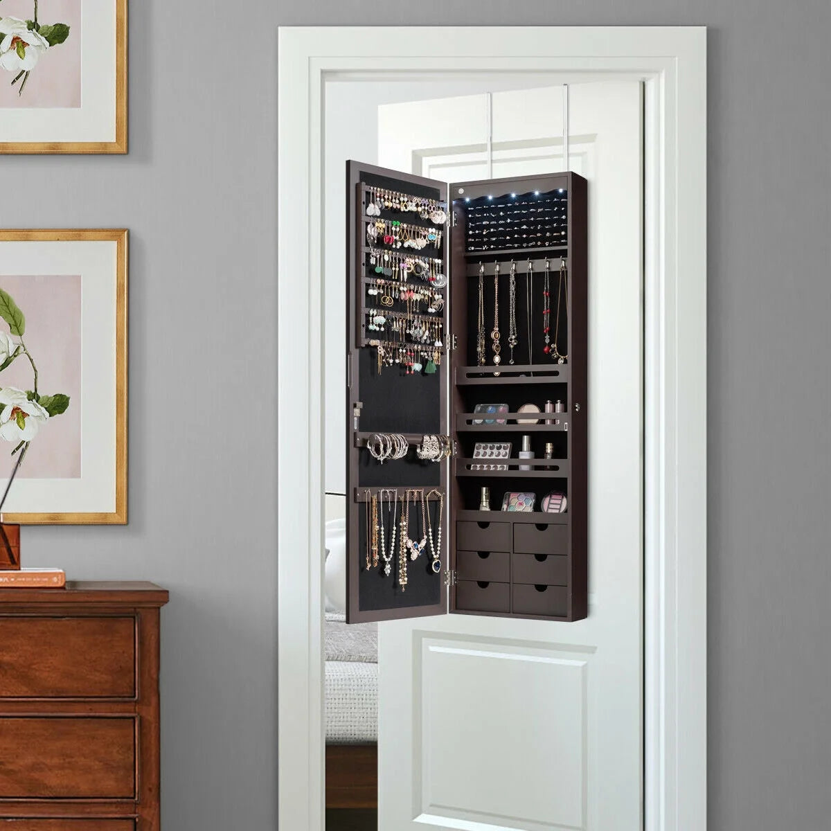 Lockable Wall-Mounted Jewelry Armoire with Full-Length Mirror, LED Lights, and Drawers