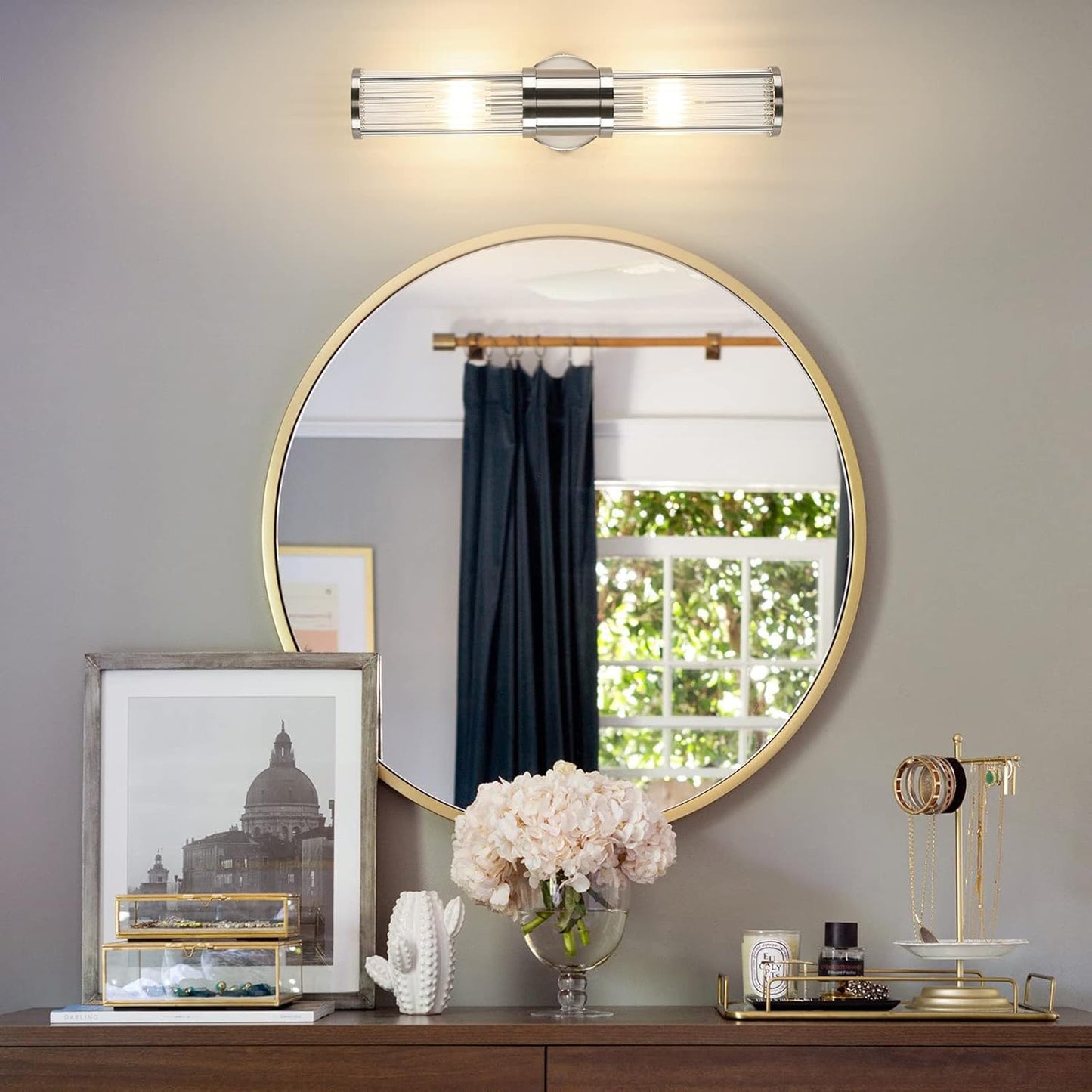 Brushed Nickel 2-Light Bathroom Vanity Wall Sconce with Glass Rod Shades