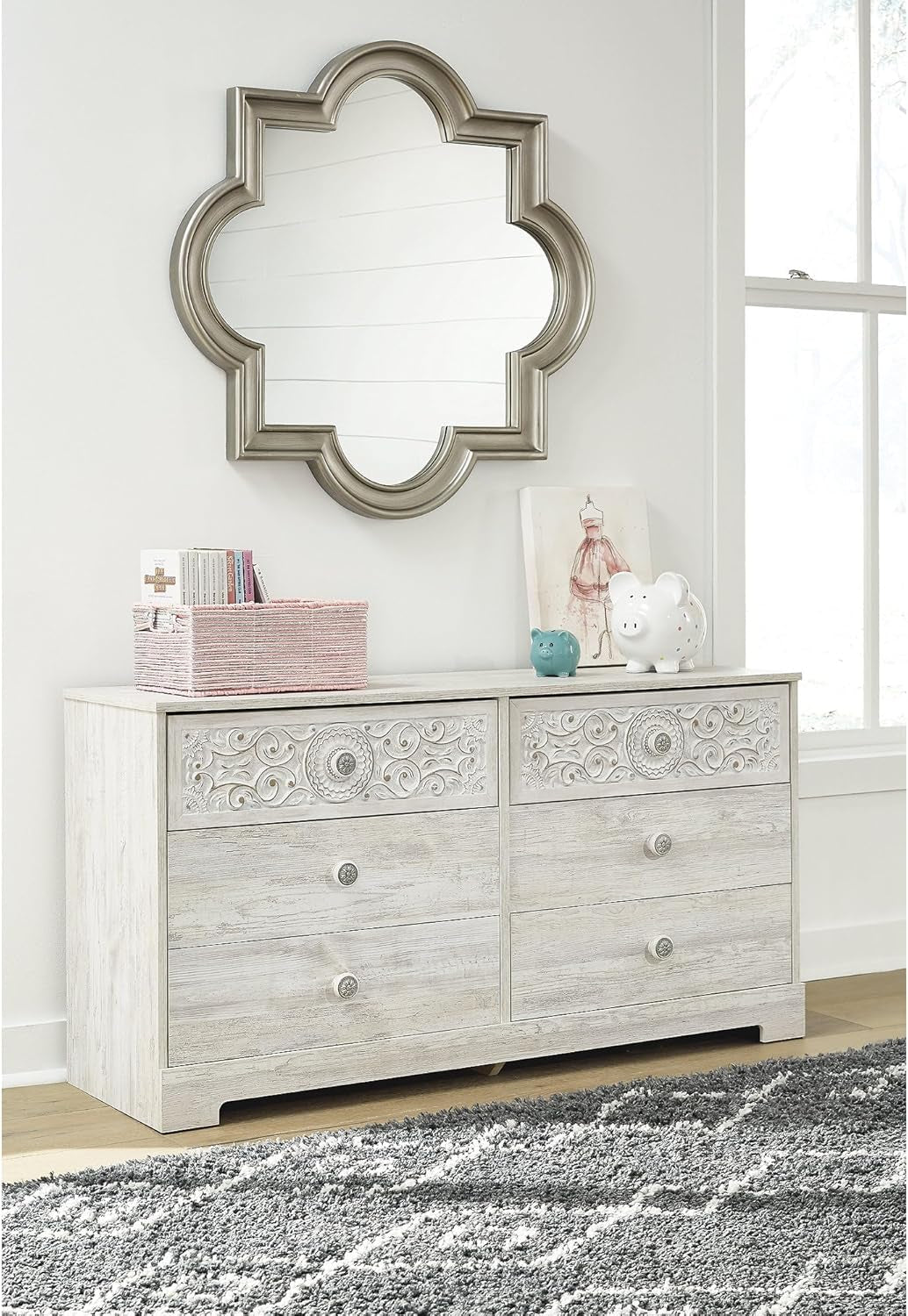 Boho 6-Drawer Dresser – Whitewashed Bedroom Storage with Carved Medallion Design