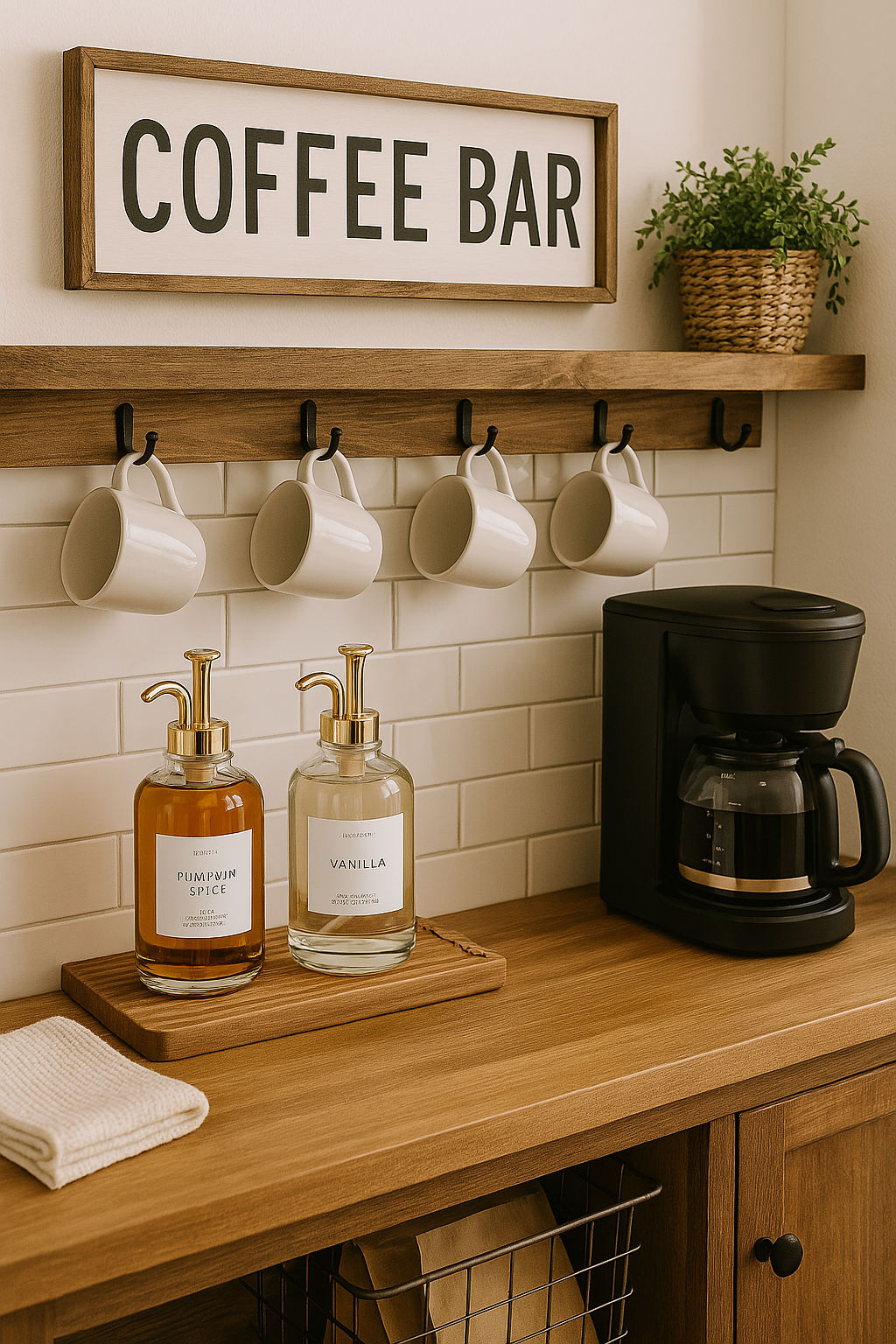 Coffee bar setup with coffee maker, mugs, and decorative items on a wooden counter.