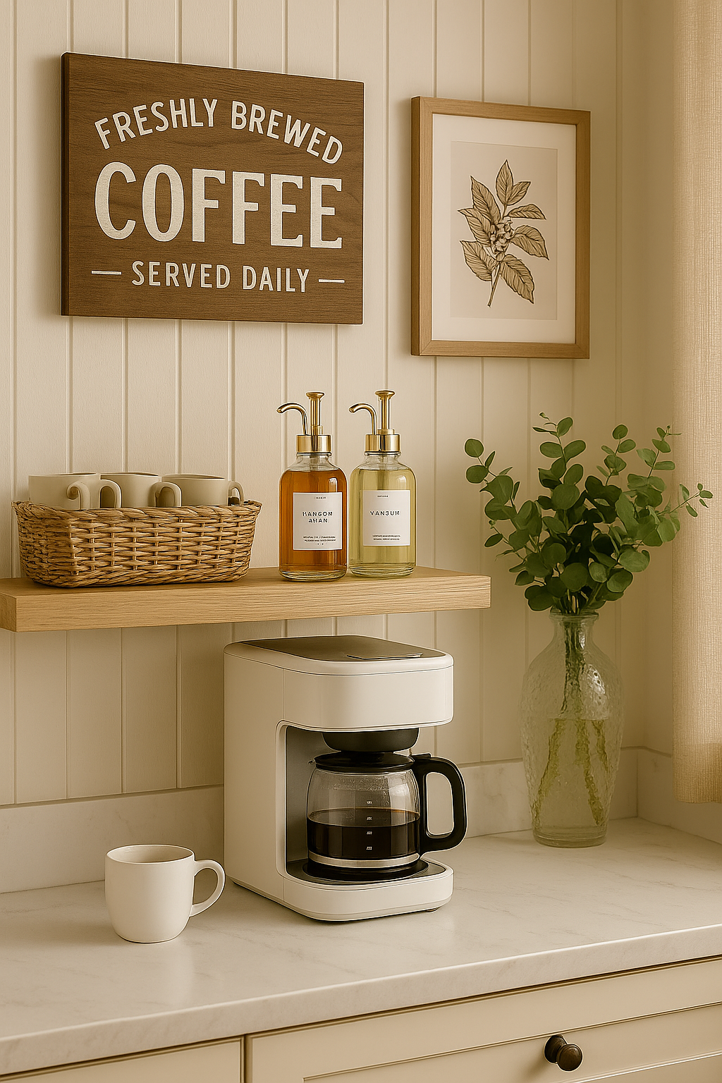 Kitchen counter with coffee maker, cups, and decorative elements on a light wood shelf.