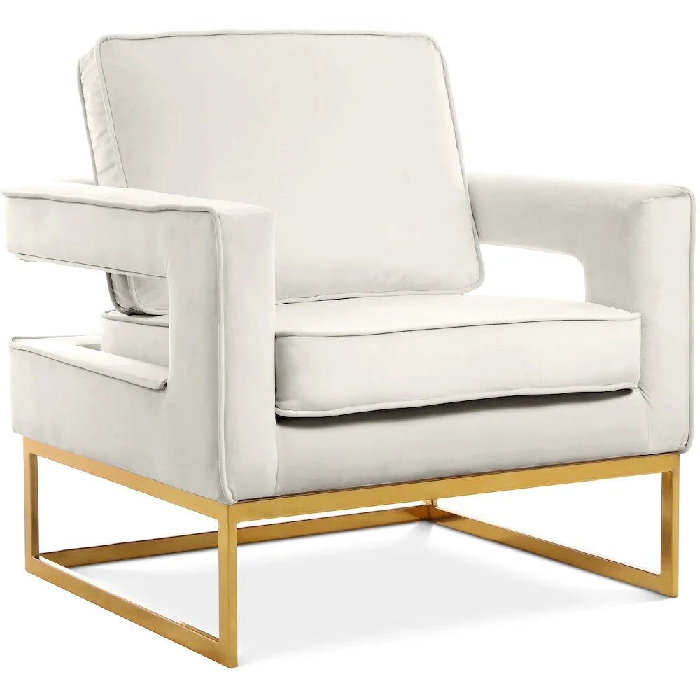 Cream Velvet Accent Chair with Gold Iron Base styled for a cozy modern home