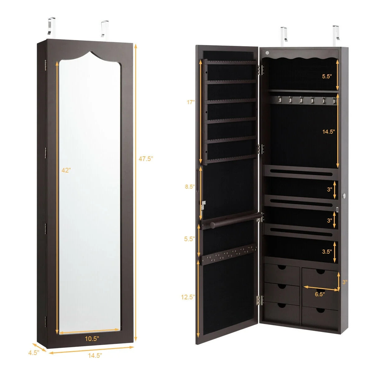 Lockable Wall-Mounted Jewelry Armoire with Full-Length Mirror, LED Lights, and Drawers