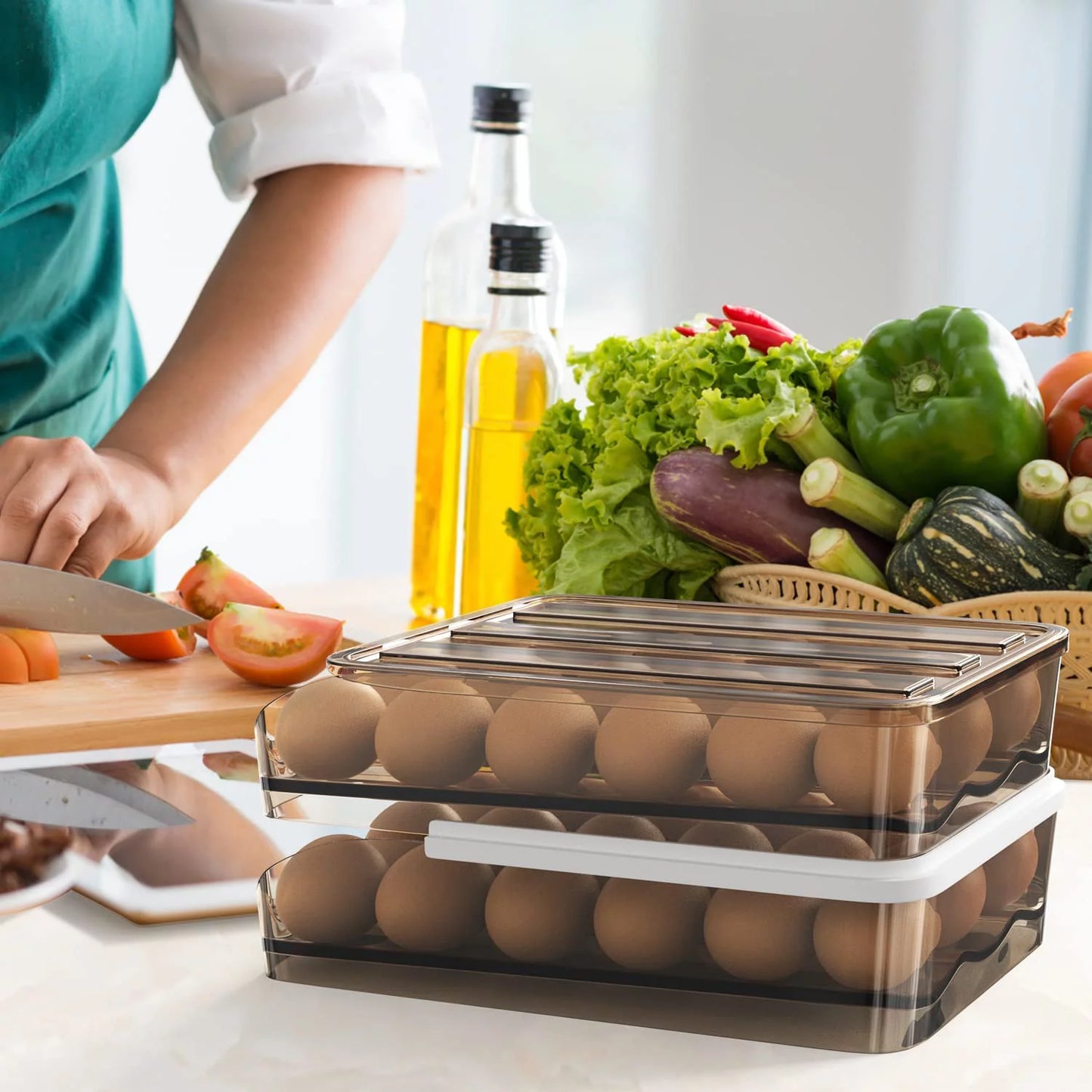 Auto-Rolling Egg Storage Container for Refrigerator – Large Capacity, Crystal Gray (1 Layer)