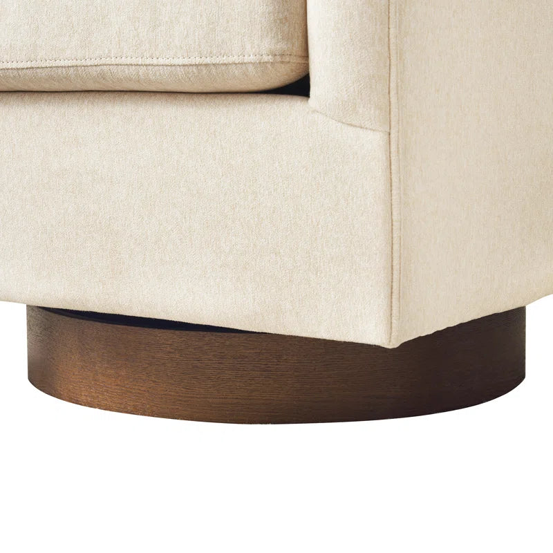 Forno Cream Upholstered Swivel Barrel Chair with Wood Base styled for a cozy modern home
