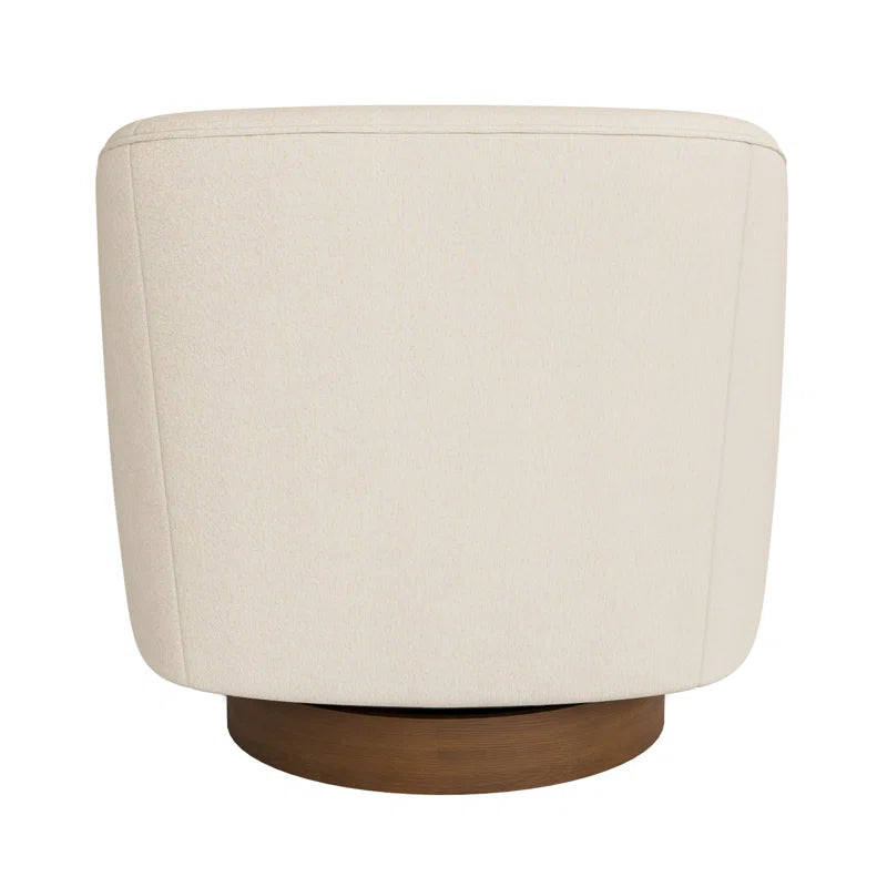 Forno Cream Upholstered Swivel Barrel Chair with Wood Base styled for a cozy modern home
