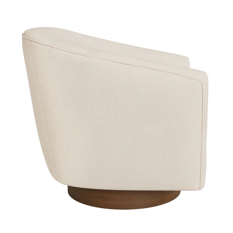 Forno Upholstered Swivel Barrel Chair with Wood Base styled for a cozy modern home