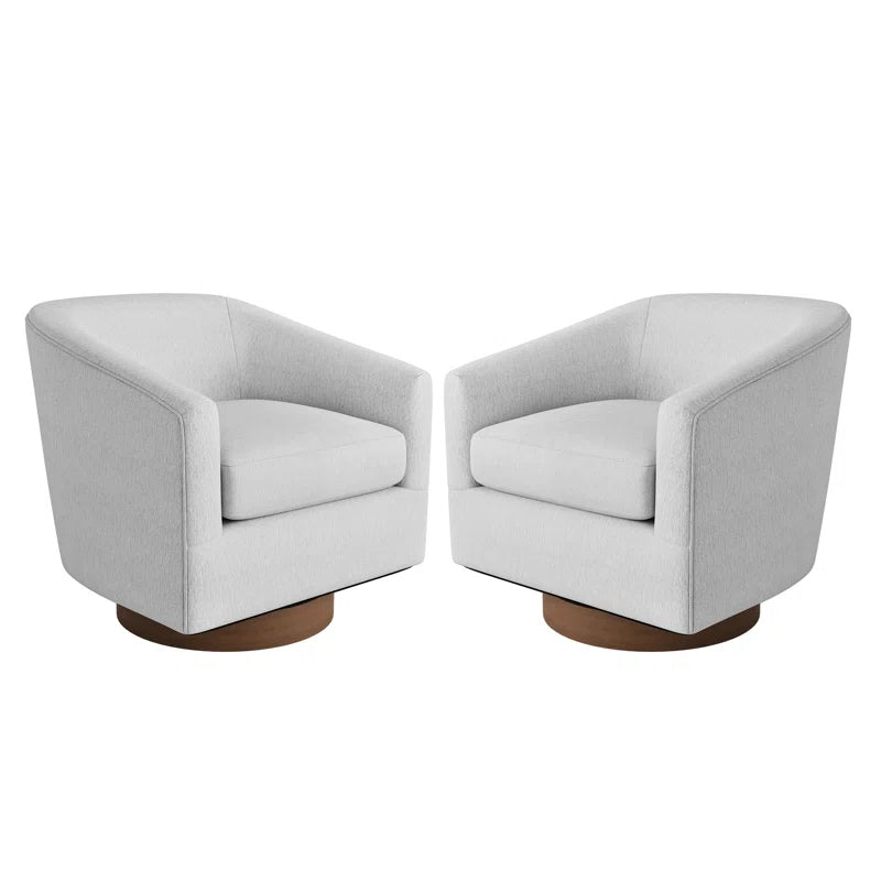 Forno Light Grey Upholstered Swivel Barrel Chair with Wood Base styled for a cozy modern home