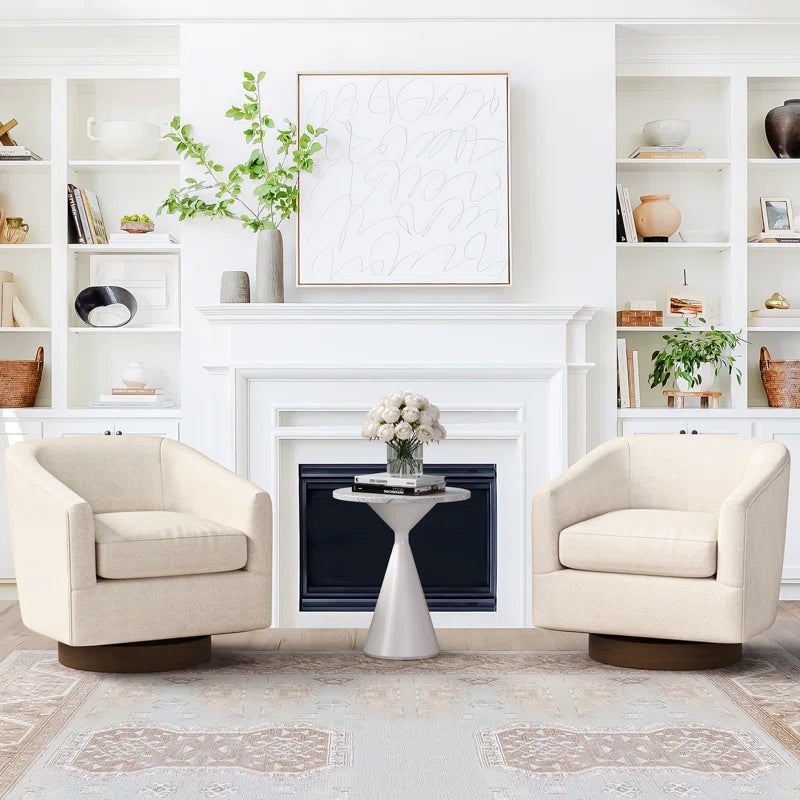 Forno Upholstered Swivel Barrel Chair with Wood Base styled for a cozy modern home