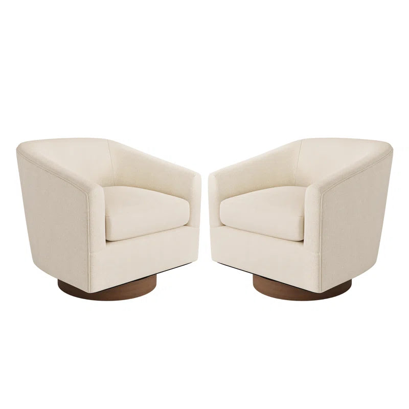 Forno Upholstered Swivel Barrel Chair with Wood Base styled for a cozy modern home