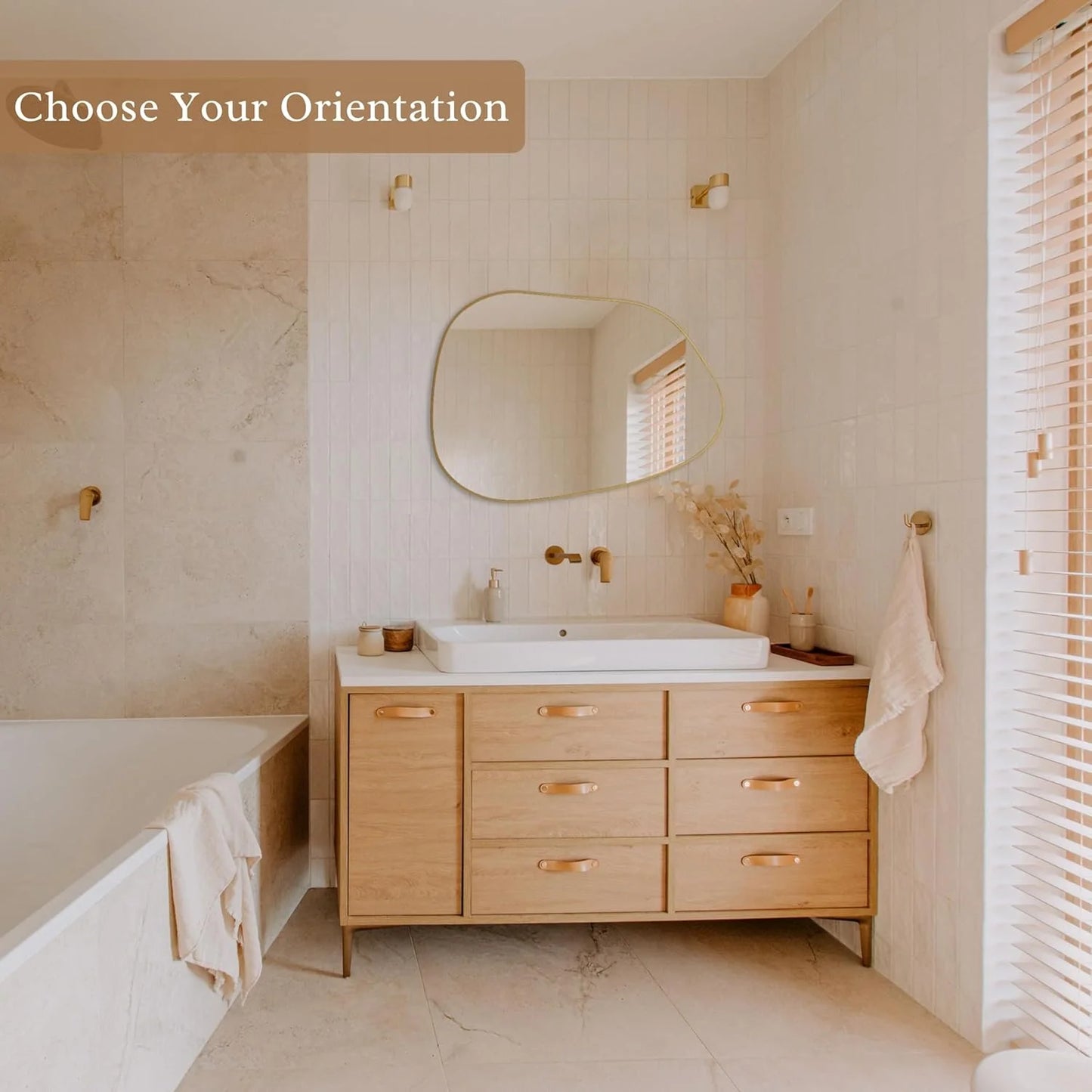 Asymmetrical Wall Mirror with Golden Wood Frame styled for a cozy modern home