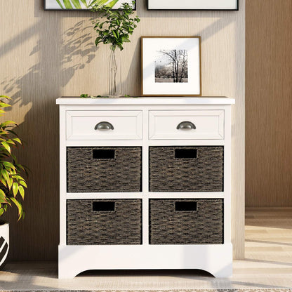 White Retro Farmhouse Storage Cabinet with Drawers & Wicker Baskets