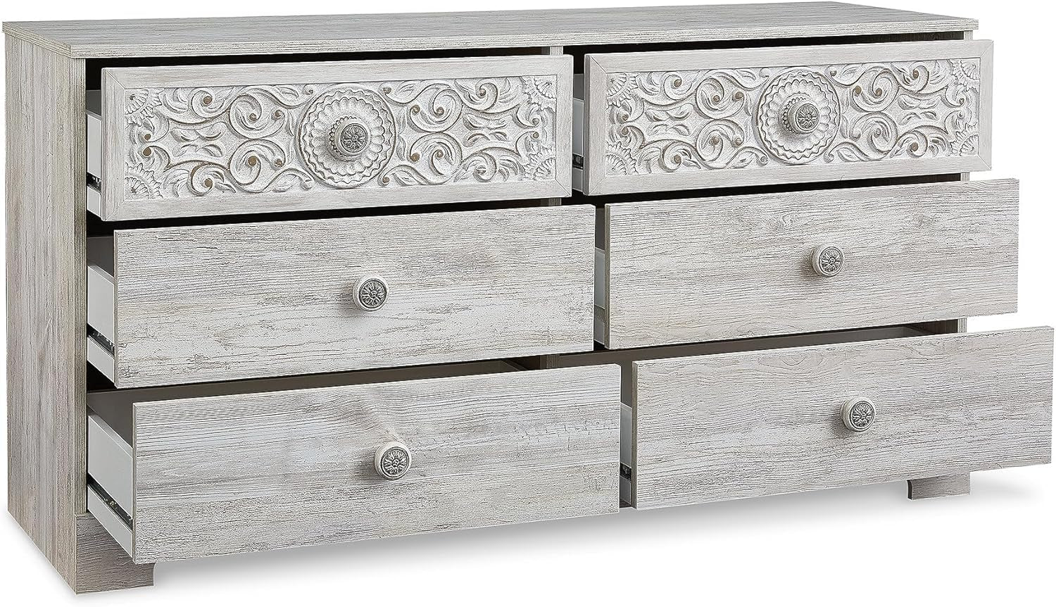 Boho 6-Drawer Dresser – Whitewashed Bedroom Storage with Carved Medallion Design