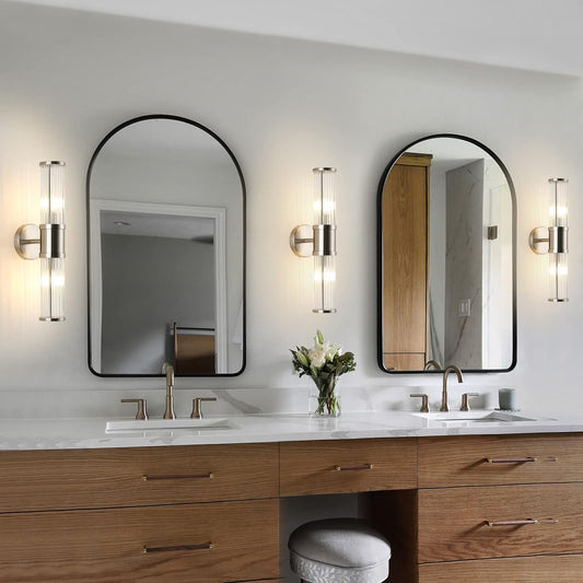 Brushed Nickel 2-Light Bathroom Vanity Wall Sconce with Glass Rod Shades 
