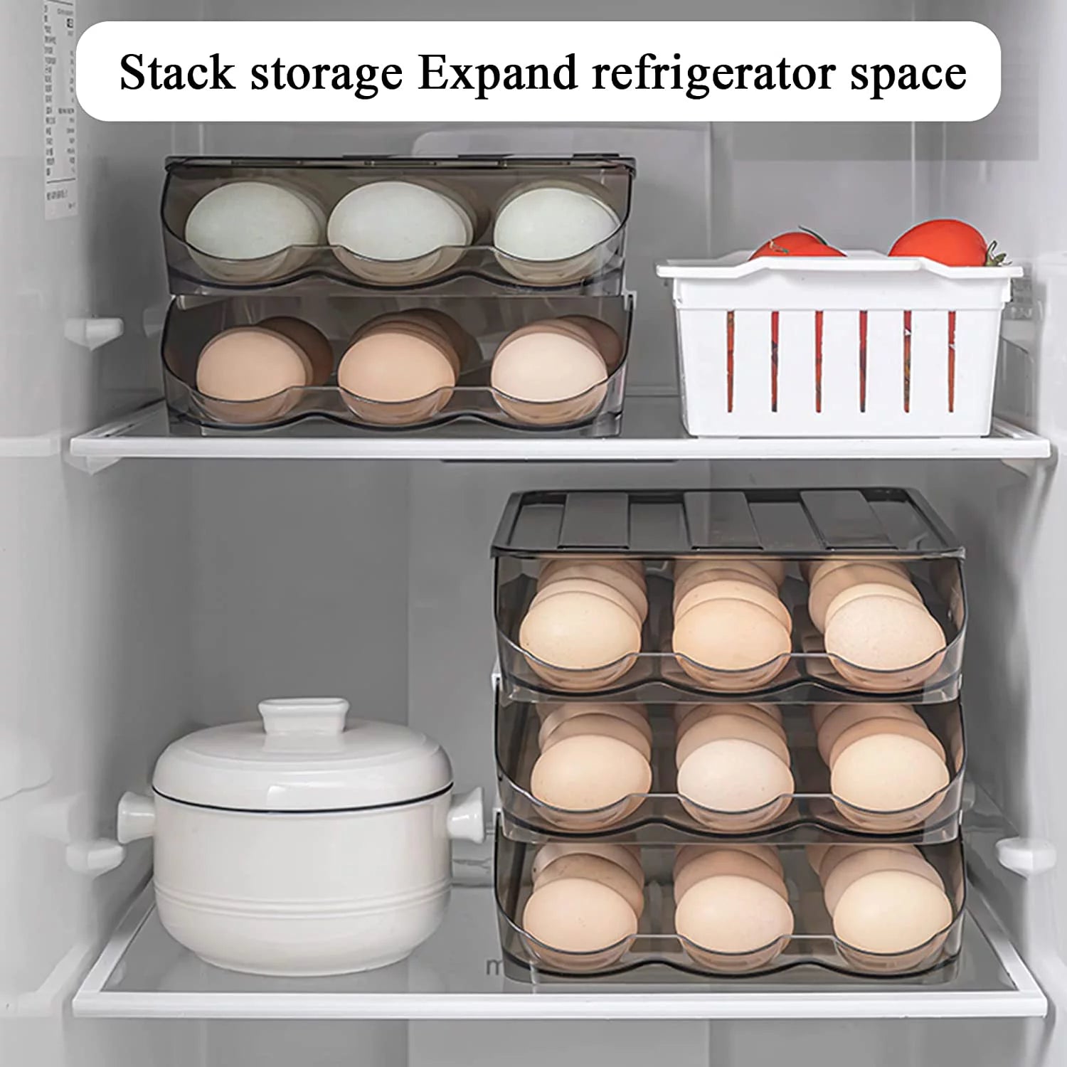 Auto-Rolling Egg Storage Container for Refrigerator – Large Capacity, Crystal Gray (1 Layer)
