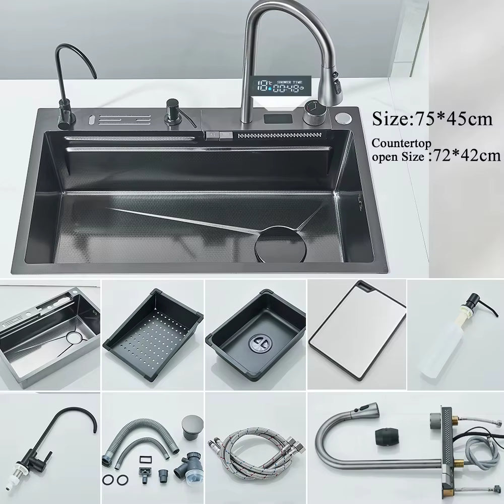 Stainless Steel Waterfall Kitchen Sink with Integrated Digital Faucet, Soap Dispenser, and Cup Washer