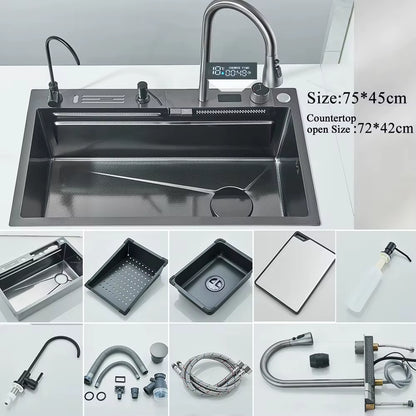 Stainless Steel Waterfall Kitchen Sink with Integrated Digital Faucet, Soap Dispenser, and Cup Washer