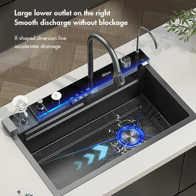 Stainless Steel Waterfall Kitchen Sink with Integrated Digital Faucet, Soap Dispenser, and Cup Washer