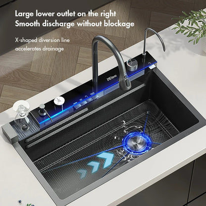 Stainless Steel Waterfall Kitchen Sink with Integrated Digital Faucet, Soap Dispenser, and Cup Washer