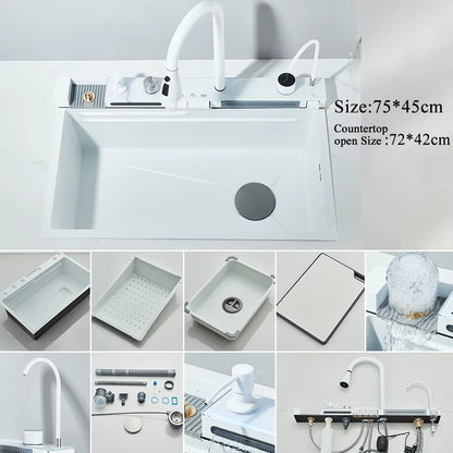 Stainless Steel Waterfall Kitchen Sink with Integrated Digital Faucet, Soap Dispenser, and Cup Washer