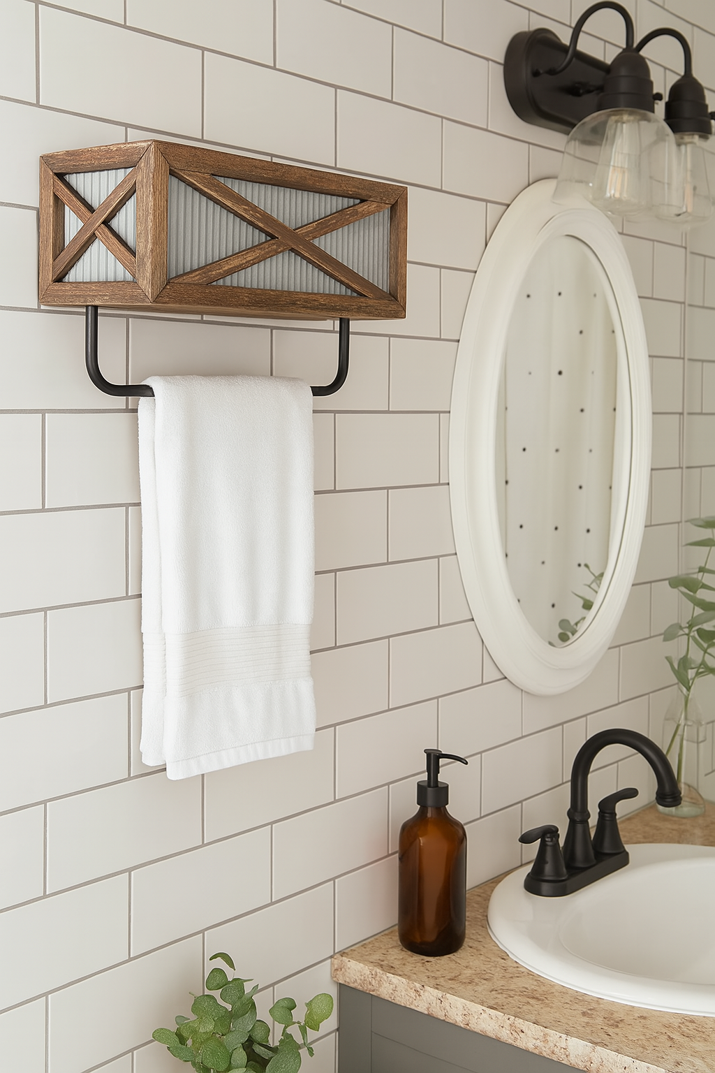 Farmhouse Rustic Wood & Metal Wall Towel Rack with Shelf 