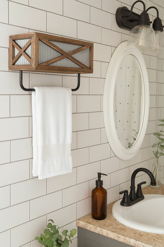 Farmhouse Rustic Wood & Metal Wall Towel Rack with Shelf 