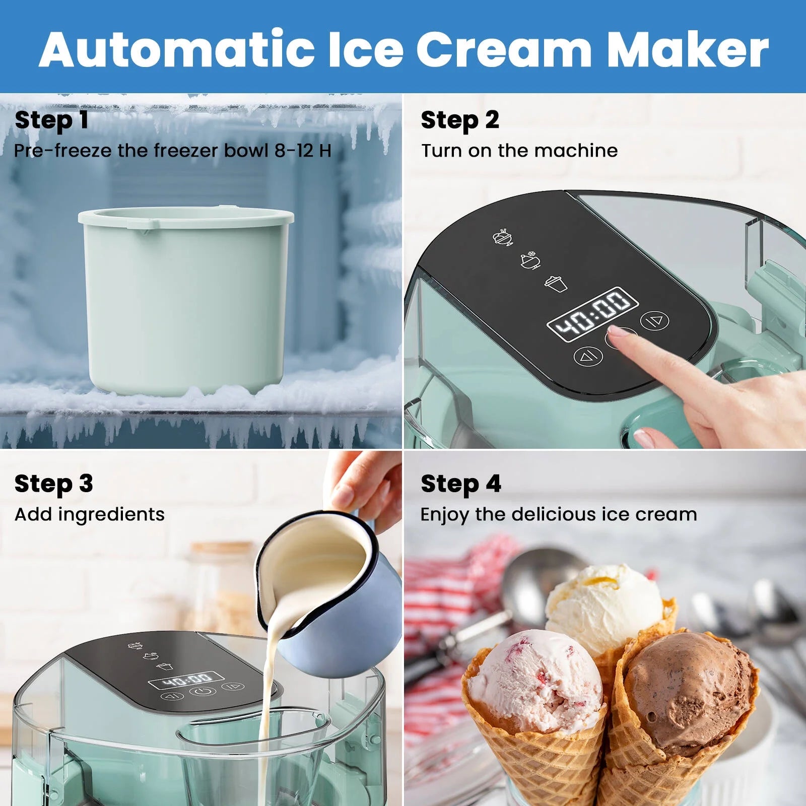 1.6 Qt 2-in-1 Electric Ice Cream Maker with Scoop — Mint Green