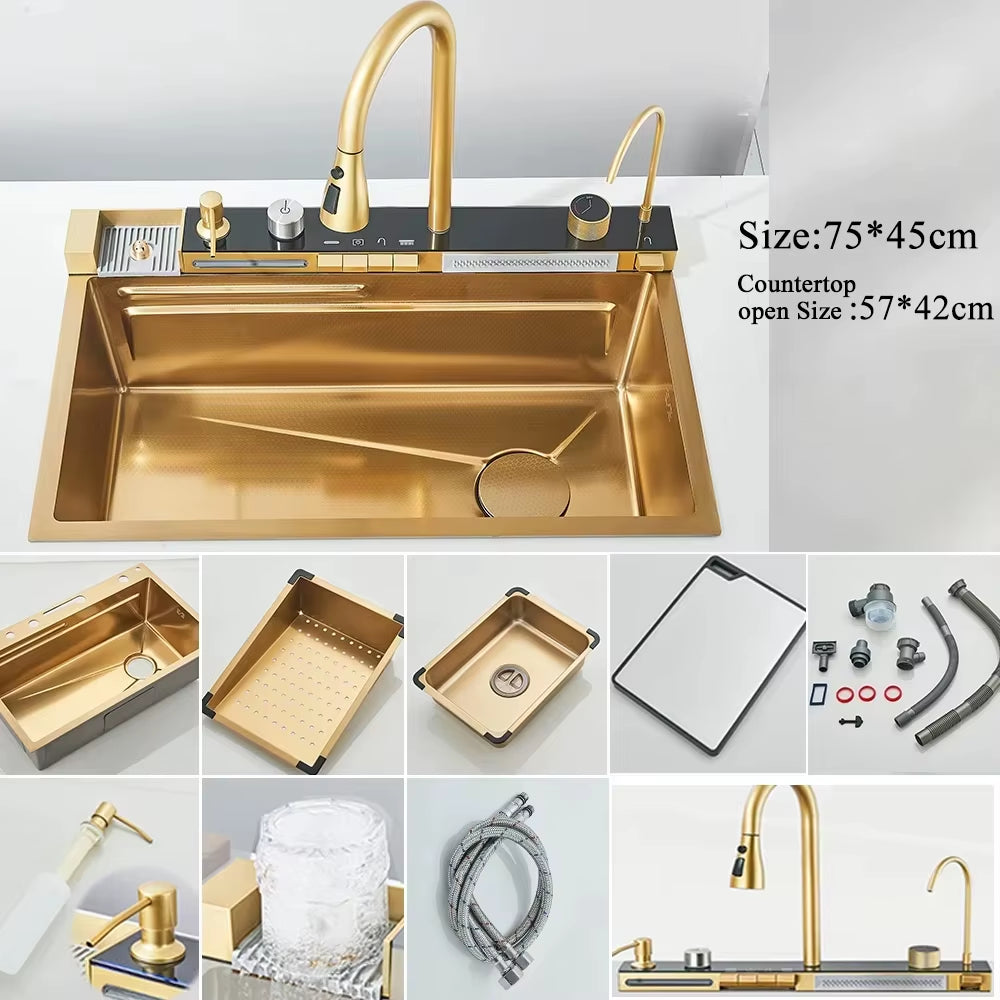 Stainless Steel Waterfall Kitchen Sink with Integrated Digital Faucet, Soap Dispenser, and Cup Washer