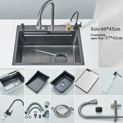 Stainless Steel Waterfall Kitchen Sink with Integrated Digital Faucet, Soap Dispenser, and Cup Washer