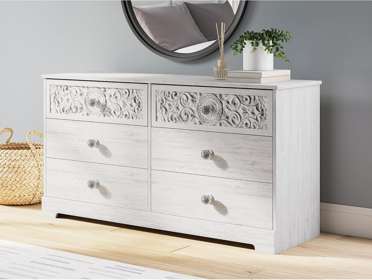 Boho 6-Drawer Dresser – Whitewashed Bedroom Storage with Carved Medallion Design