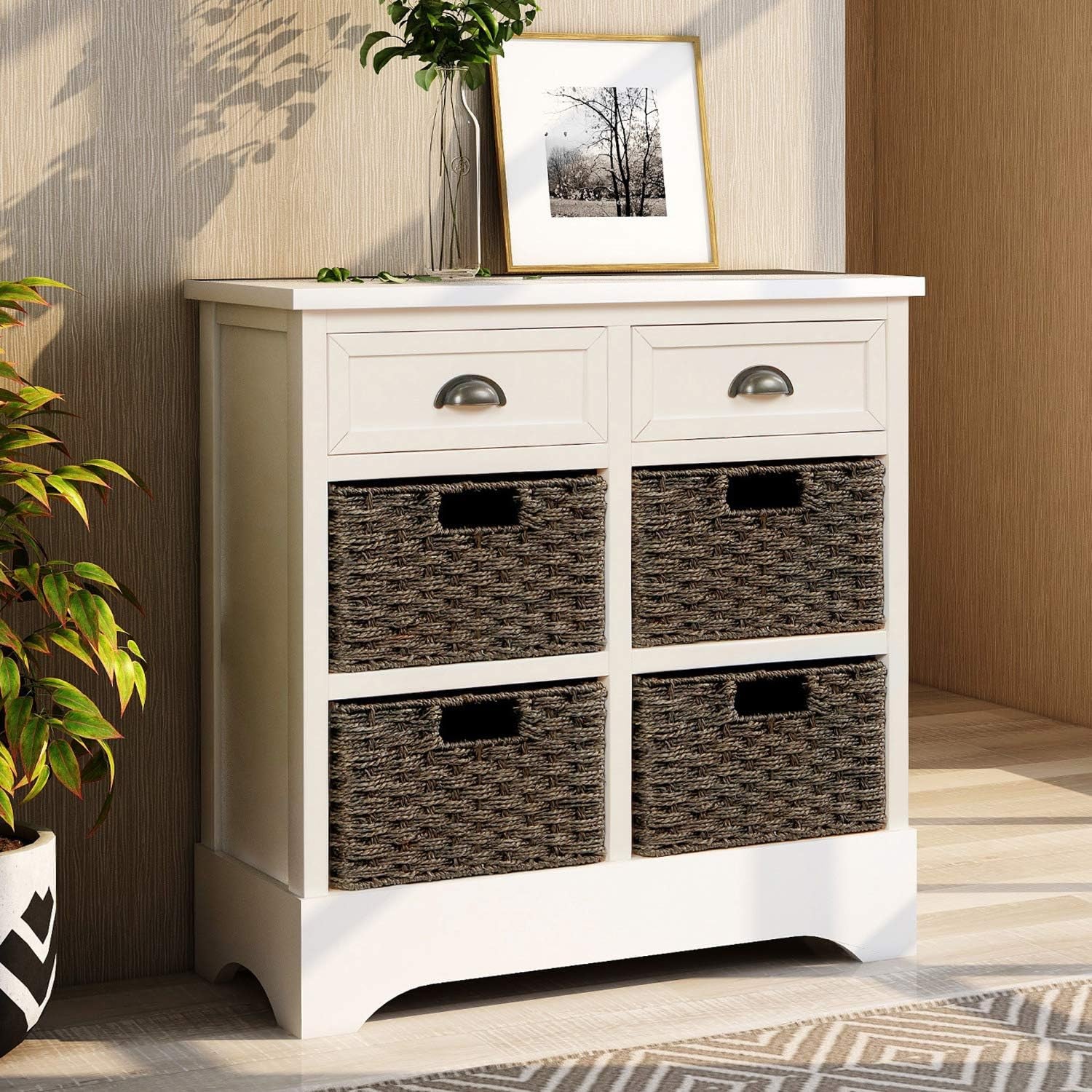 White Retro Farmhouse Storage Cabinet with Drawers & Wicker Baskets