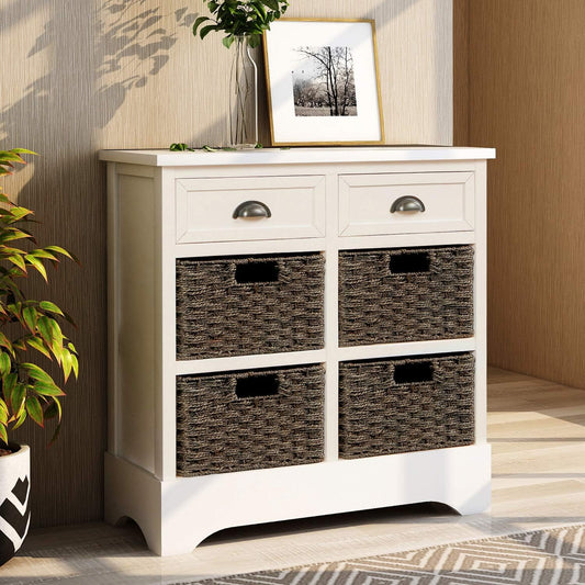 White Retro Farmhouse Storage Cabinet with Drawers & Wicker Baskets