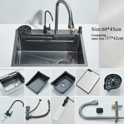 Stainless Steel Waterfall Kitchen Sink with Integrated Digital Faucet, Soap Dispenser, and Cup Washer