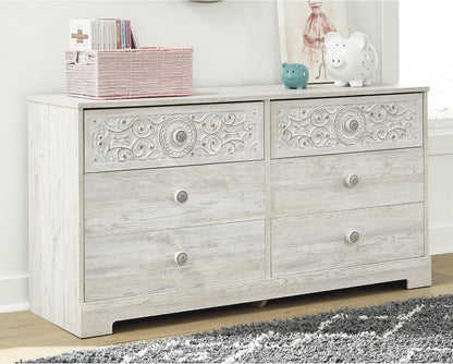 Boho 6-Drawer Dresser – Whitewashed Bedroom Storage with Carved Medallion Design