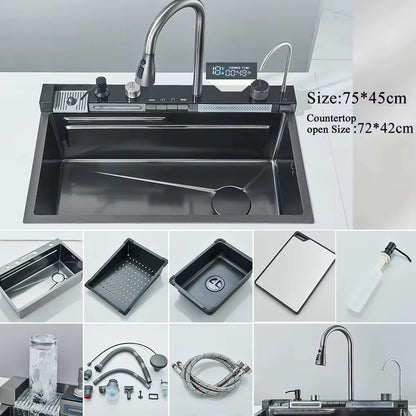 Stainless Steel Waterfall Kitchen Sink with Integrated Digital Faucet, Soap Dispenser, and Cup Washer