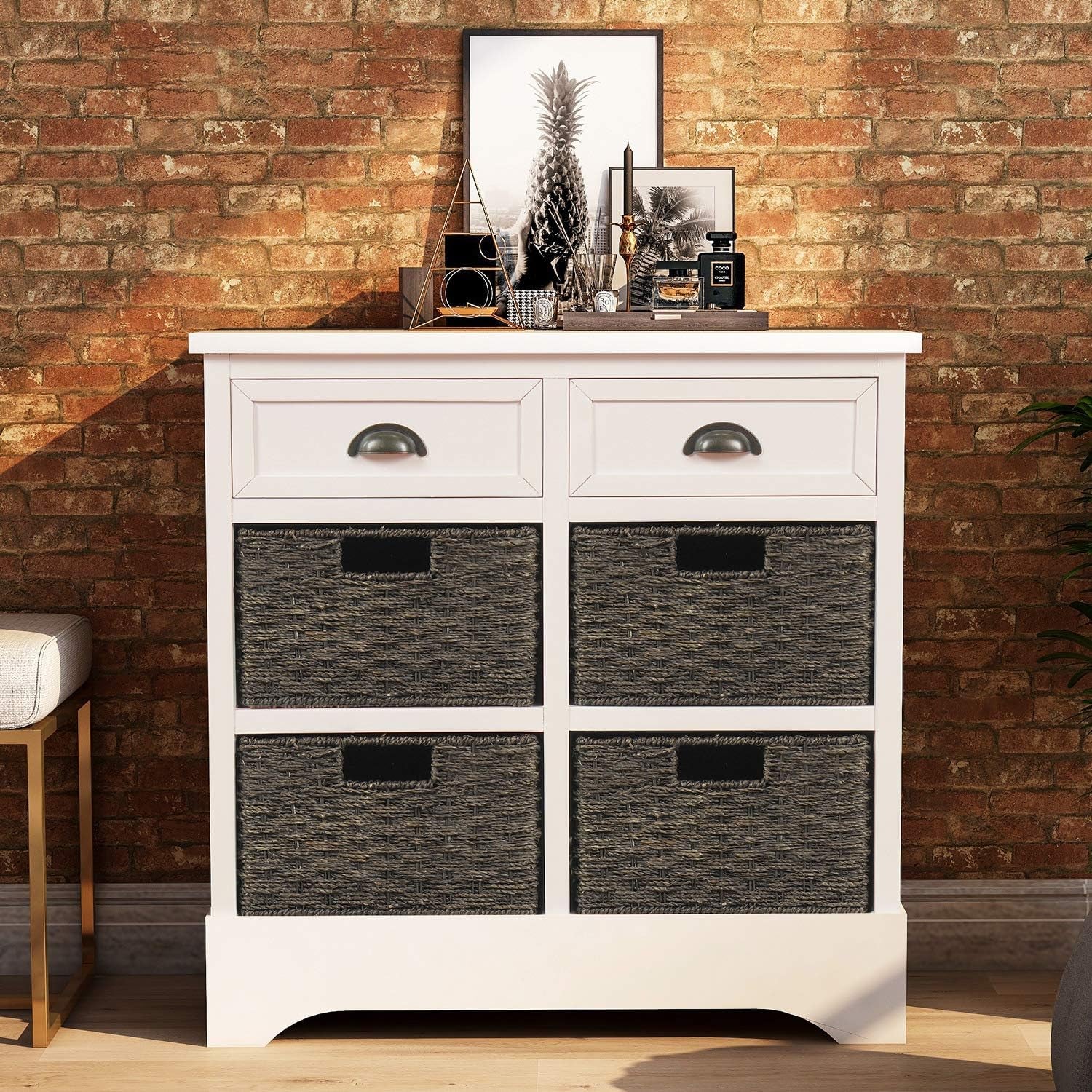 White Retro Farmhouse Storage Cabinet with Drawers & Wicker Baskets