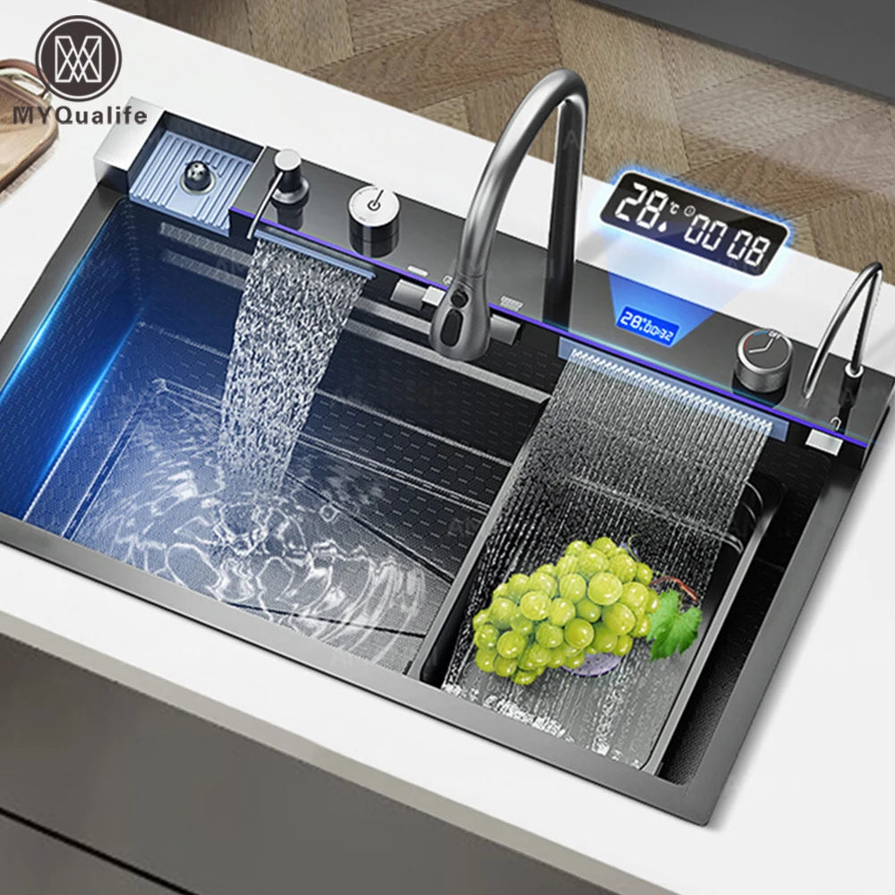 Stainless Steel Waterfall Kitchen Sink with Integrated Digital Faucet, Soap Dispenser, and Cup Washer