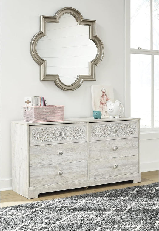 Boho 6-Drawer Dresser – Whitewashed Bedroom Storage with Carved Medallion Design