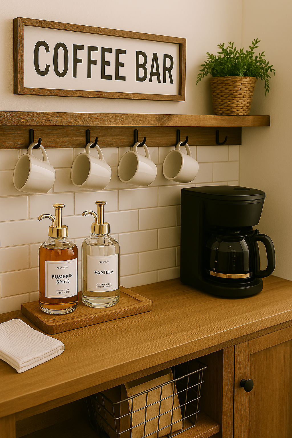 Coffee bar setup with coffee maker, mugs, and decorative items on a wooden shelf.