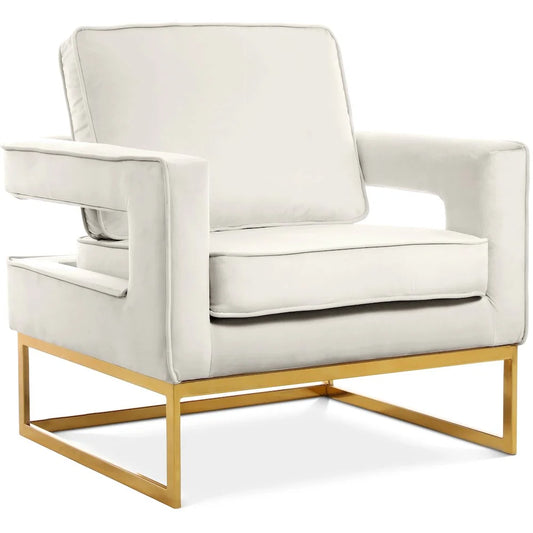 Cream Velvet Accent Chair with Gold Iron Base styled for a cozy modern home